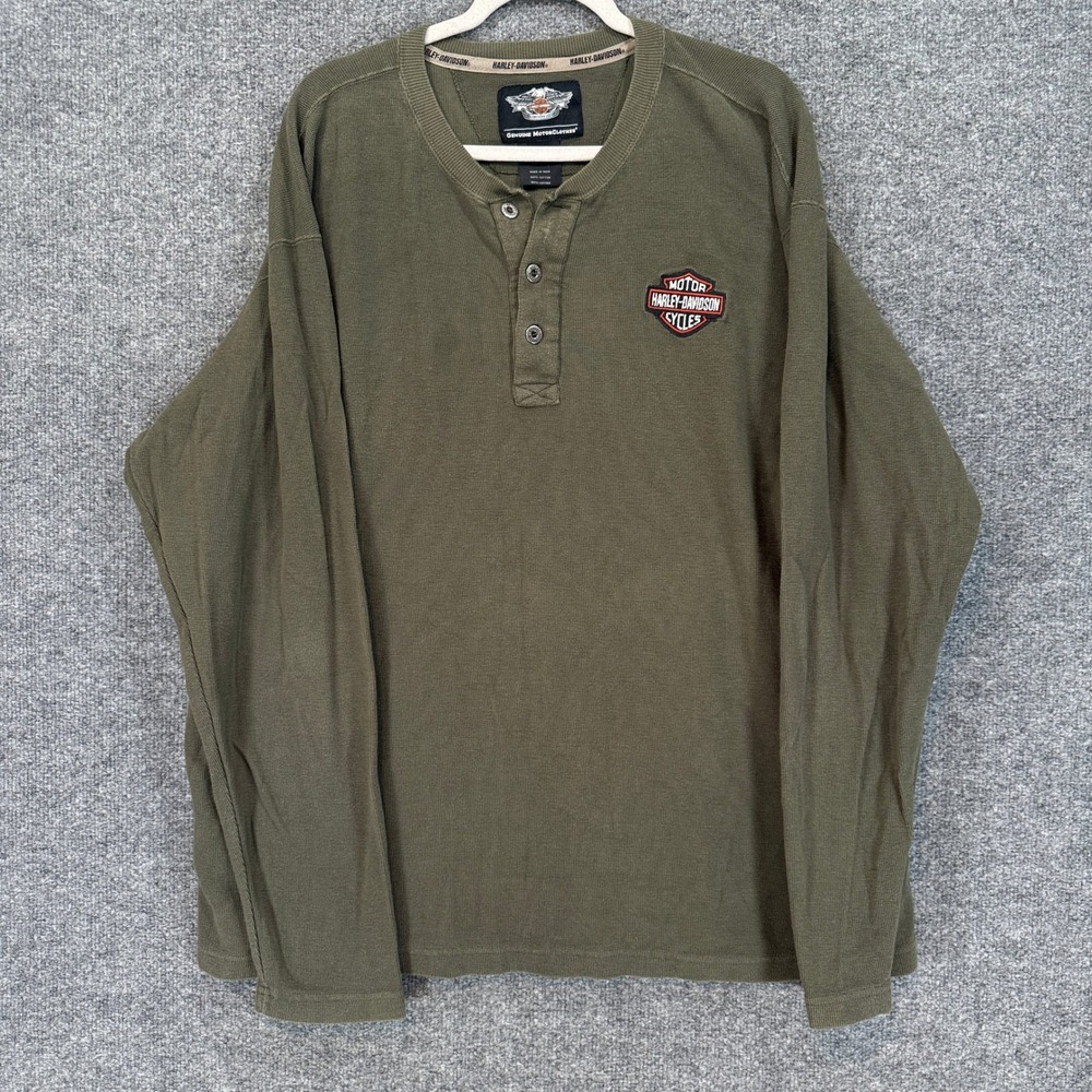 Harley Davidson Henley Shirt Mens XL Green Waffle Knit Embroidered Biker Thermal